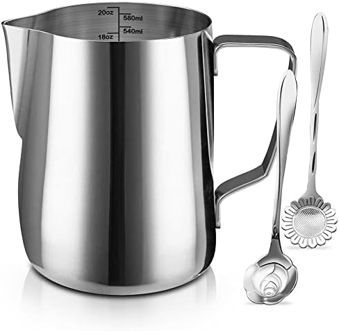  Ilk Frothing Pitcher Jug - 12oz/350ML Stainless Steel Coffee Tools Cup - Suitable For Espresso, Latte Art And Frothing Milk, Attached Dessert Coffee Spoons