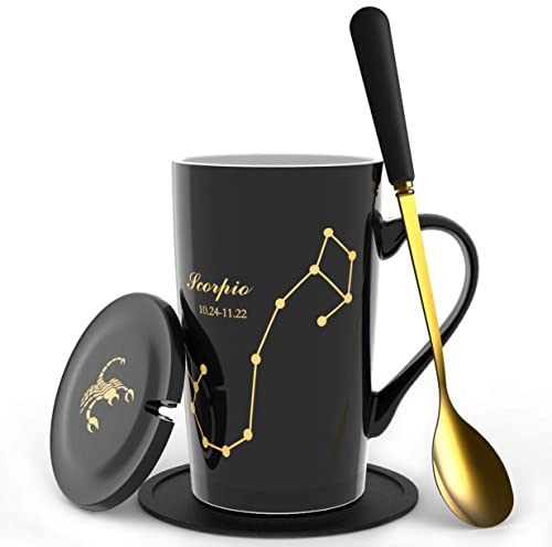  -15oz Scorpio Coffee Mug With Long Handle Spoon Lid Birthday Gift Ceramic Creative Constellation Zodiac Capacity Tea Cup For Cocoa Water Milk Juice (Scorpio-Black Gold)