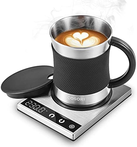  Coffee Mug Warmer & Mug Set, Beverage Cup Warmer For Desk Home Office Use, Coffee Gifts, Electric 24 Watt, Touch Tech & LCD Digital Display, 304 Stainless Steel, 17 Oz, Mug Lid