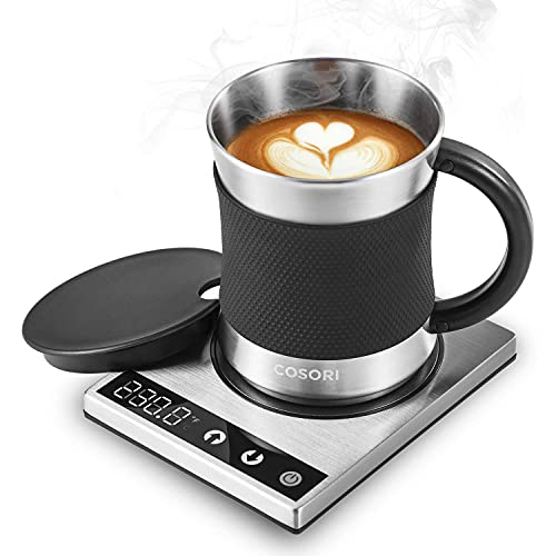  Coffee Mug Warmer & Mug Set, Beverage Cup Warmer For Desk Home Office Use, Coffee Gifts, Electric 24 Watt, Touch Tech & LCD Digital Display, 304 Stainless Steel, 17 Oz, Mug Lid