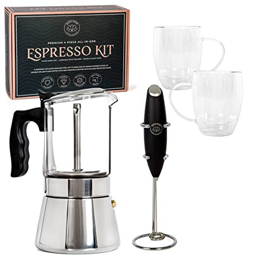  Moka Pot Stovetop Espresso Maker Set, With 9 Cup Coffee Percolator Pot, 2x Glass Coffee Mugs (12oz) And Milk Frother For Coffee. Stove Top Cafetera Greca, Cuban Or Italian Coffee Maker