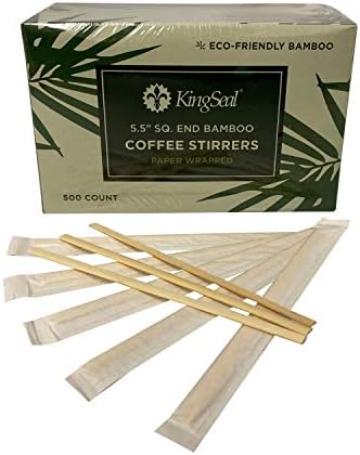  KingSeal Individually Paper Wrapped Bamboo Coffee Stir Sticks, 5.5 Inches, Square End, 100% Renewable And Biodegradable - 1 Box Of 500 Each