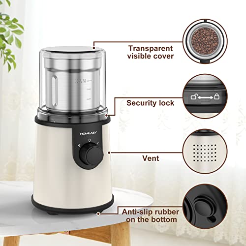  Coffee Grinder Electric, HOMEASY Electric Spice Grinder Coffee Bean Grinder Spice Blender For Coffee Bean Nuts Spice With 304 Stainless Steel Blades Removable Bowls, 350W, 110-120V (Beige)