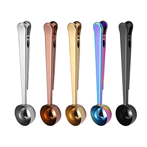  Stainless Steel Coffee Measure Scoop For Ground Set Of 5, Measuring Spoon Beans Small With Bag Clip Milk Powder Fruit Sugar Or Tea, Mixed Color, 6.8*1.4 Inch