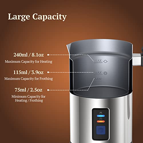  Milk Frother And Steamer, Electric Milk Steamer, Auto Shut-Off, Silent Operation, Hot And Cold Foam Milk Frother With Temperature Controls, Non-Stick Interior For Latte, Cappuccino, Macchiato (Silver)