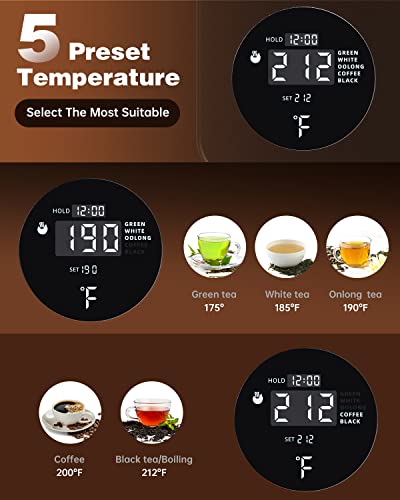  Gooseneck Electric Kettle 1.0L With Temperature Control,Ultra Fast Boiling Hot Water Kettle For Pour-Over Coffee/Tea,100% Stainless Steel, 5 Variable Presets, 12H Keep Warm,Leak-Proof, 1200W