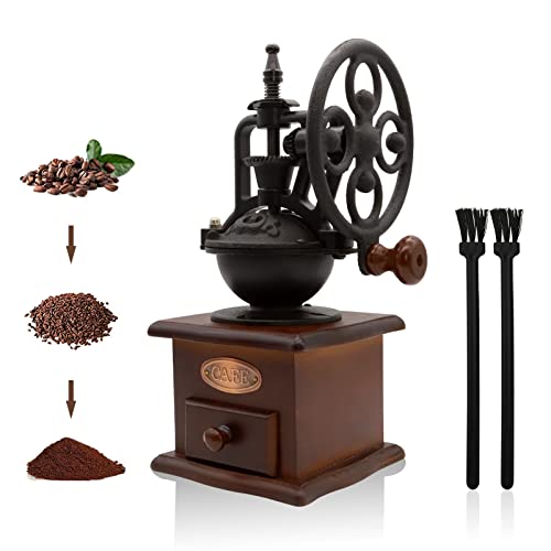  Manual Coffee Grinder, Untimaty Vintage Style Wooden Hand Grinder Hand Coffee Grinder Antique Cast Iron Roller Classic French Press Coffee Mill Hand Crank Coffee Grinders With Brush