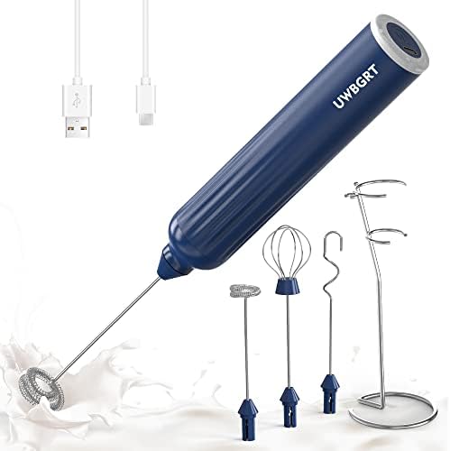  Milk Frother With Stand, Handheld Foam Maker, Type-C Rechargeable With 3 Stainless Whisks 3-Speed Adjustable For Coffee, Hot Chocolate, Milkshakes, Egg，oatmeal (Black)