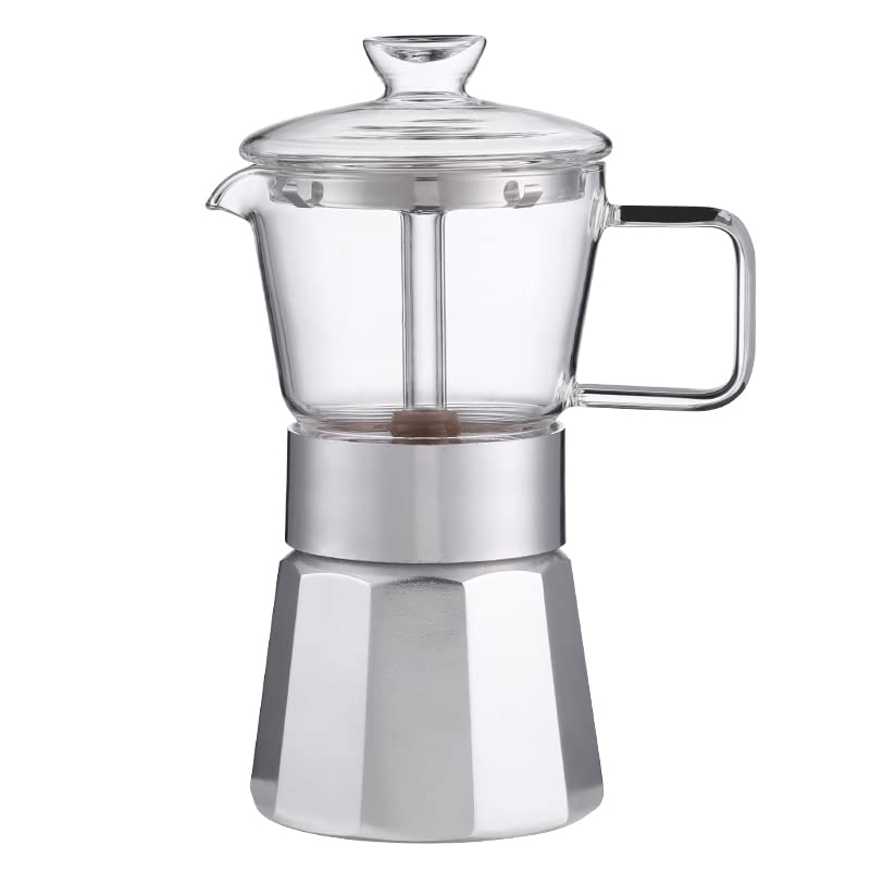  Moka Stovetop Espresso Maker,Crystal Glass-top & Aluminum Espresso Moka Pot,Classic Italian Coffee Maker,120ml(3cup)