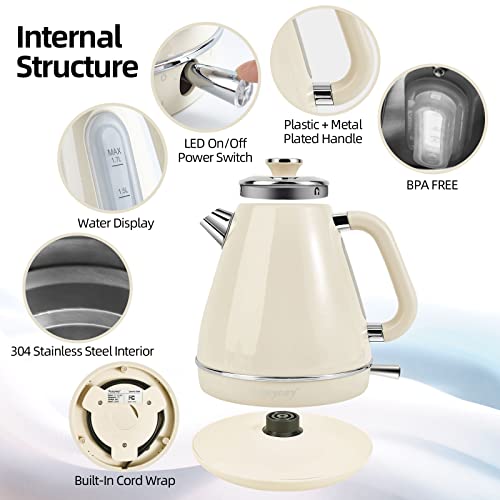  Electric Kettle,Tea Kettle,1.7 Litre Retro Style Kettle,Kitchen Countertop Coffee Tea Hot Water Kettle,Double Wall 304 Stainless Steel BPA Free Hot Water Boiler,Auto Shut-Off And Boil-Dry Protection (Cream)