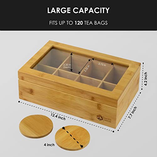  Premium High-end 100% Natural Bamboo Tea Box With 2 Coasters - Wooden Tea Organizer - Tea Bag Organizer Wooden Storage Box - 8 Adjustable Compartments - Clear Lid - Magnet Closure