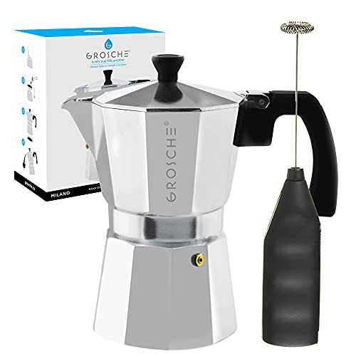  Milano Stove Top Espresso Maker (6 Espresso Cup Size 9.3 Oz) Silver, And Battery Operated Milk Frother Bundle For Lattes