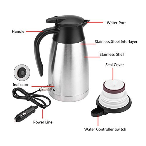  1000ML Car Electric Kettle, Water Heater Bottle 12/24V Heating Boiler 304 Stainless Steel Mug Kettle For Travel Camping Lorry Truck-Food-Grade