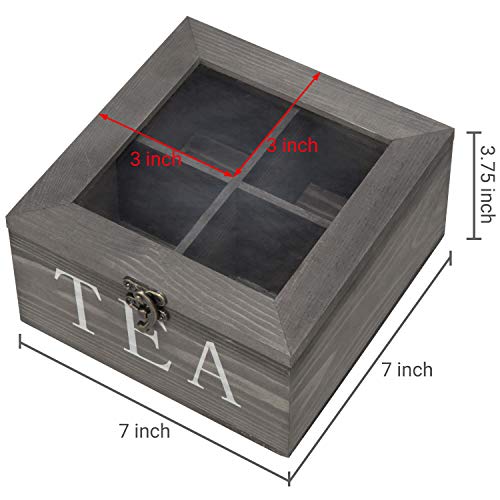  MyGift Rustic Gray Solid Wood Tea Storage Organizer Box With 4 Compartments, Tea Bag Chest With Clear Acrylic Lid And Latch