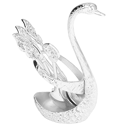  Decorative Swan Base Holder With Coffee Spoon Set, Zinc Alloy Embossment Coffee Stirrers Holder Elegant Swan Coffee Spoon Holder For Spoons Fruit Dessert(Silver)