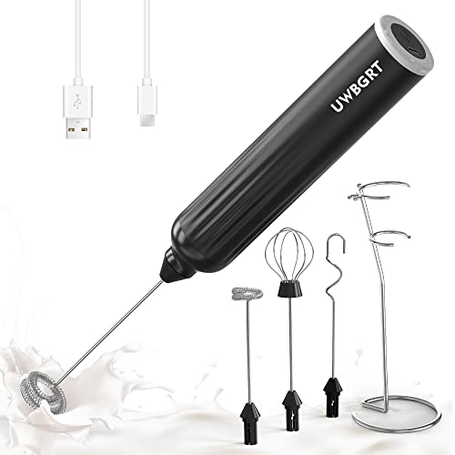  Milk Frother With Stand, Handheld Foam Maker, Type-C Rechargeable With 3 Stainless Whisks 3-Speed Adjustable For Coffee, Hot Chocolate, Milkshakes, Egg，oatmeal (Black)