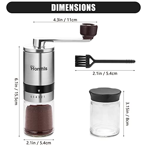  OMTILS Manual Coffee Bean Grinder With 6 Adjustable Settings - Stainless Steel Burr Hand Coffee Grinder With Crank - Includes Extra Glass With Lid, Spoon, Brush - Unique Gift For Coffee Lovers