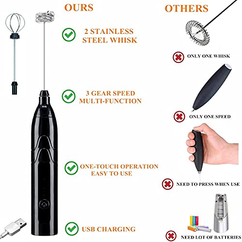  IdeWings Milk Frother Handheld USB Rechargeable Electric Stainless Steel Milk Frother Whisk, Foam Maker For Coffee, 2 Whisks For Coffee, Egg Mix (Black)