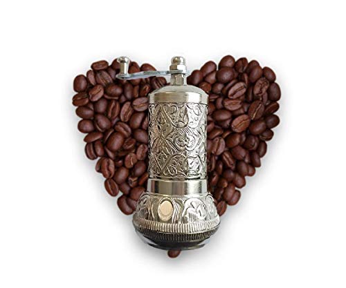  Silver Pepper & Turkish Coffee Grinder Mill - 4.2 Inches Inch/Set Of 2 - With Antique Look Casting Carving Spice Spoon - Spice Pepper And Turkish Coffee Grinder - Best Gift Idea