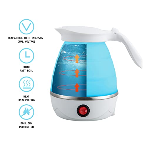 Foldable Portable Electric Kettle, Travel Folding Electric Kettle, Food-grade Silicone,3Mins Fast Boiling,600ML Portable Electric Kettle For Travel Or Camping With Power Cord 110/220V US Plug