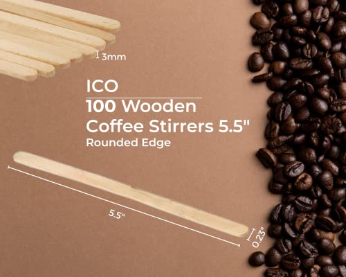  ICO 5.5-Inch Wooden Coffee Stirrers - [100 Count] Wood Coffee Stir Sticks