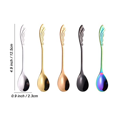 5-Piece Wing Spoon Coffee Teaspoon,SUS 304 Stainless Steel,Dessert Scoop For Stirring,Small Multiple Colors Spoon Set,4.9" Lovely Yogurt Ice Cream Demitasse Espresso Spoon (Wing)