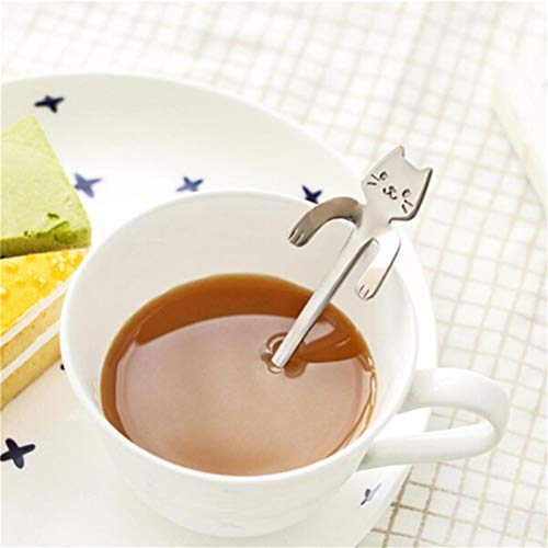  Stainless Steel Cartoon Cat Spoon Long Handle Dessert Coffee Tableware Kitchen Gadget（Silver Color