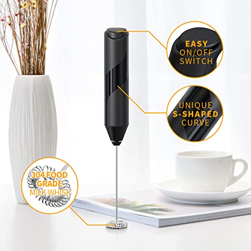  Milk Frother Handheld With Stand, Whisk Drink Mixer For Coffee, Mini Foamer For Cappuccino, Frappe, Matcha, Hot Chocolate (Black)