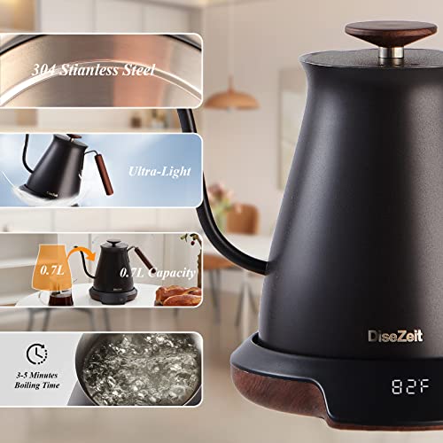  Gooseneck Electric Kettle, DiseZeit Retro Classic 0.7L Stainless Steel Smart Pour Over Kettle, ±1℉ Temperature Control, 1 Hour Keep Warm, Touch Control LCD Display, ℉/℃ Switching, Black & Wood Grain