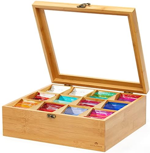  Big Natural Bamboo Tea Storage Organizer With Clear Acrylic Top Window, 8 Compartments Eco-Friendly Tea Bag Holder, Multi-Functional Storage Box