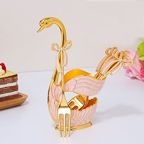  9 Pcs Metal Coffee Dessert Spoons Set, Swan Base Spoon Holder Organizer With 4 Forks, 4 Spoons For Coffee, Fruit, Dessert, Stirring, Mixing, Sugar, Stir, Ice Cream, Cake, Teaspoon (Gold)