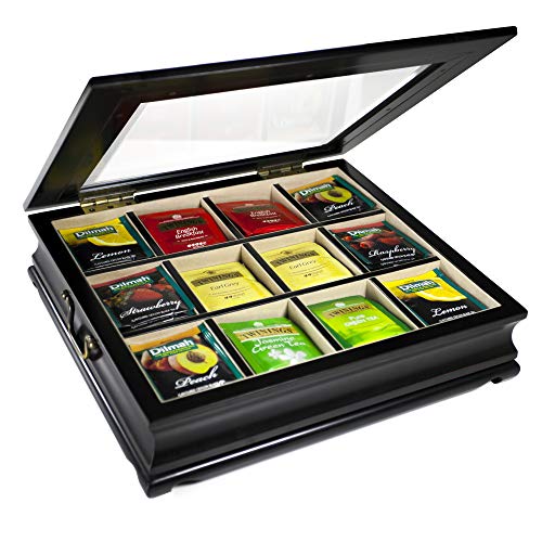  Tea Chest Large Storage Tea Bag Box Wooden With Beveled Glass Window 12 Compartments By ChezMonett