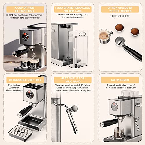  Espresso Machine 20 Bar Expresso Coffee Machines Steamer Coffee Machine With Milk Frother/Steam Wand 40oz Water Tank 1400W Stainless Steel Silver Suitable For Latte And Cappuccino Making