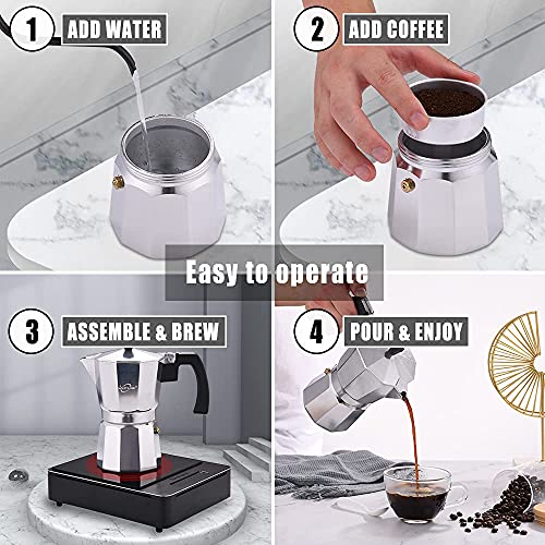  Stovetop Espresso Maker 6 Cup Moka Pot Aluminum Silver，Cuban Coffee Maker，Make Delicious Coffee Easily At Home And Camping