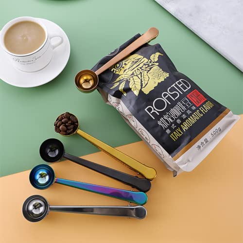  5 Pcak Coffee Scoop Clip, 2-in-1 Stainless Steel Coffee Measuring Spoon With Sealing Clips, Kitchen Craft Long Handle Spoon Bag Clip For Coffee, Milk Powder, Oatmeal, Tea,Spices (Multicolor)