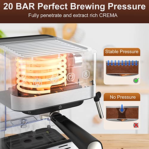  Espresso Machines 20 Bar 1050W Brewing Pressure Latte Cappuccino Machine, Expresso Coffee Machine With Milk Frother, 1.5L/50Oz Detachable Water Tank, Coffee Maker For Macchiato, Latte