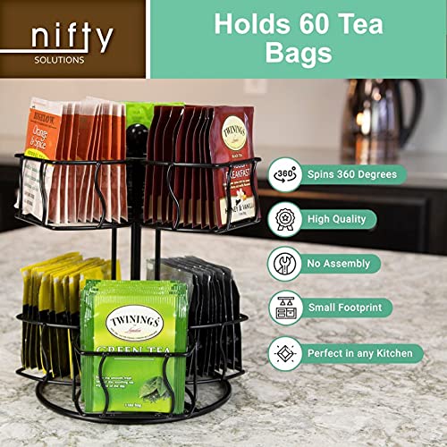   Tea Bag Spinning Carousel – 6 Compartments, Up To 60 Tea Bags Storage, Spins 360-Degrees, Lazy Susan Platform, Modern Black Design, Home Or Office Kitchen Counter Organizer