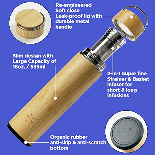  18oz Bamboo Mug Tumbler With Lid And 2 Pack Tea Filters For Loose Leaf Tea – Stainless Steel Insulated Tea Infuser Bottle With Strainer – Tea Gift Set For Tea Lovers Men Women