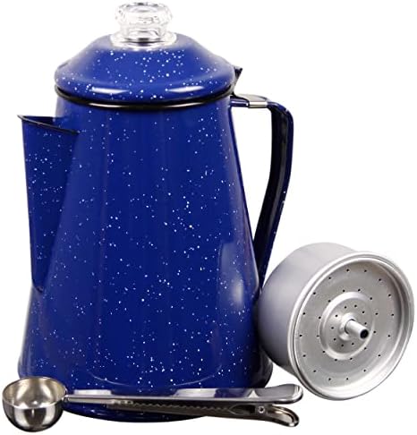  Camping Coffee Percolator Enamel Coating Gloss Finish And Glass Cap For Backpacking, Campsite, Kitchen, Over Stove And Pot Makes 8 Cups Comes With Basket For Grounds And Stainless Steel Spoon, Blue