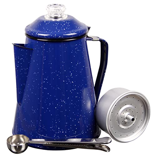  Camping Coffee Percolator Enamel Coating Gloss Finish And Glass Cap For Backpacking, Campsite, Kitchen, Over Stove And Pot Makes 8 Cups Comes With Basket For Grounds And Stainless Steel Spoon, Blue