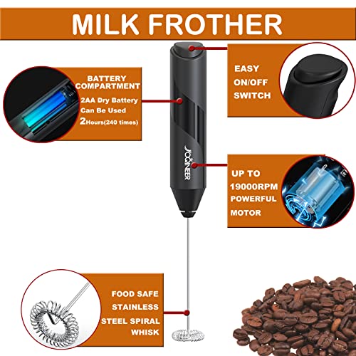  Milk Frother Handheld Battery Operated Electric Foam Maker, Drink Mixer With Stainless Steel Whisk And Stand For Cappuccino, Bulletproof Coffee, Latte,Frappe, Matcha (Black)