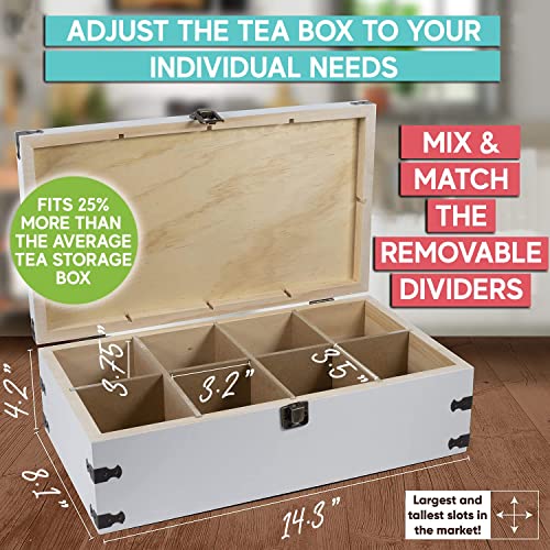  Zen Earth Inspired White Wooden Tea Bag Organizer 14" Kitchen Storage Chest - Large, Tall, Adjustable Shelves | Decorative Chest To Organize And Display Teas | 100% Handmade Craft