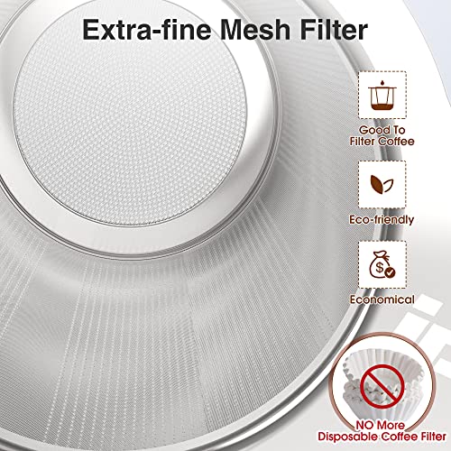  Reusable Stainless Steel Coffee Filter, Paperless Coffee Maker Strainer, Double Fine Mesh Basket For Loose Tea& Ground Coffee, Coaster Lid, Long Handle For Cup, Mug &Teapot