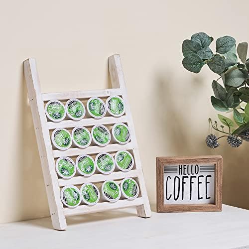  Farmhouse K Cups Ladder Coffee Pod Holder For Countertop, Rustic Wood Keurig Pod Holder K Cup Organizer For Home Kitchen Storage, Coffee Station Organizer For Coffee Bar Accessories White