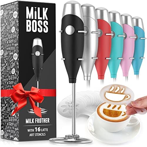  Ghty Milk Frother Handheld Whisk Mixer - Coffee Frother Electric Handheld Foam Maker & Frother For Coffee - Portable Electric Whisk With 16-Piece Stencils For Lattes, Matcha & More (Black)