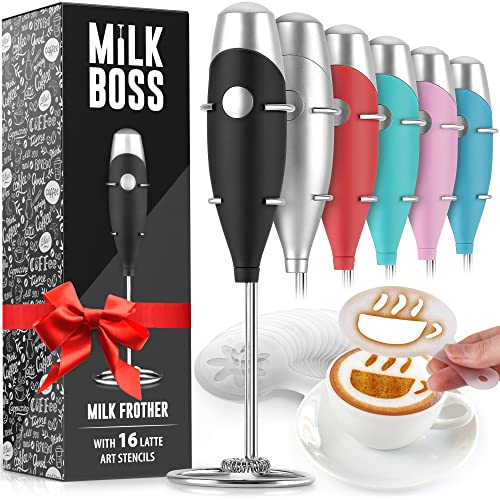  Ghty Milk Frother Handheld Whisk Mixer - Coffee Frother Electric Handheld Foam Maker & Frother For Coffee - Portable Electric Whisk With 16-Piece Stencils For Lattes, Matcha & More (Black)