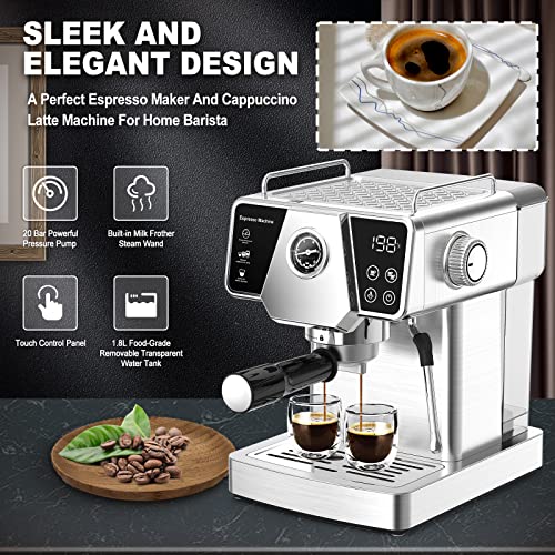  20 Bar Espresso Machine - Espresso And Cappuccino Latte Maker With Milk Frother Steam Wand - Espresso Coffee Machine For Home - 1350W - Stainless Steel