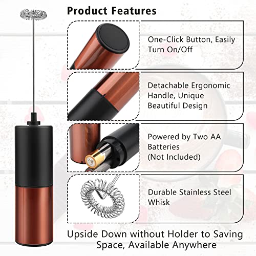  Electric Milk Frother Foam Maker, Milk Frother For Coffee, Handheld Battery Operated Whisk Drink Mixer,Copper Stainless Steel Mini Foamer For Lattes,Cappuccino, Matcha, Hot Chocolate, Frappe