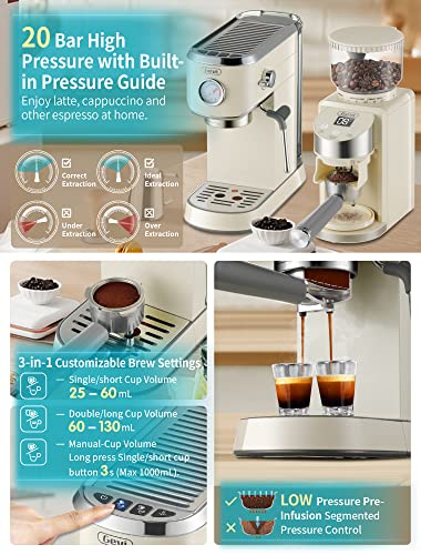  20 Bar Compact Professional Espresso Coffee Machine With Milk Frother For Espresso, Latte And Cappuccino Burr Coffee Grinder With 35 Precise Grind Settings, Beige