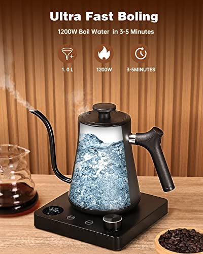 Gooseneck Electric Kettle 1.0L With Temperature Control,Ultra Fast Boiling Hot Water Kettle For Pour-Over Coffee/Tea,100% Stainless Steel, 5 Variable Presets, 12H Keep Warm,Leak-Proof, 1200W